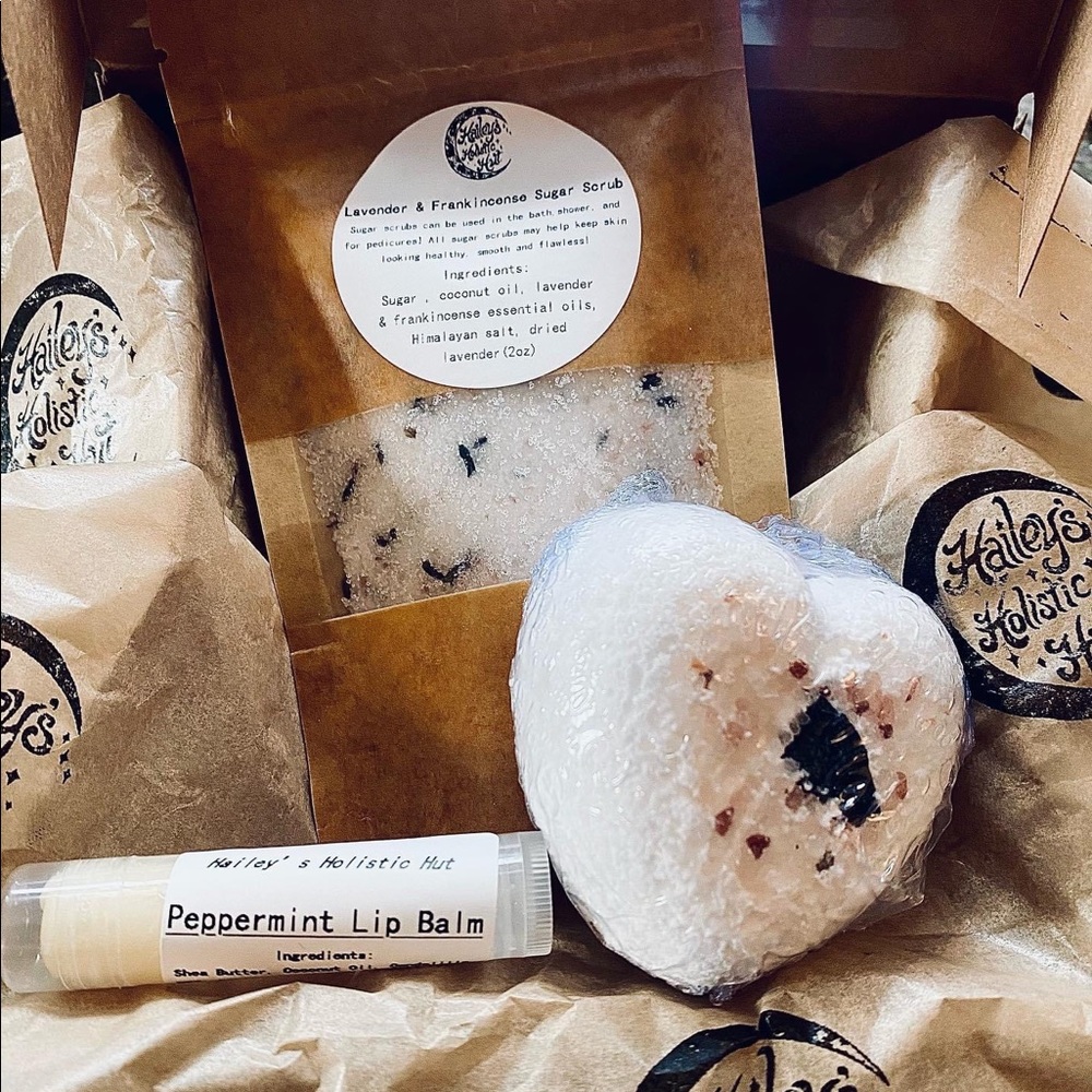 Crystal Intentions bath bomb 
Peppermint Lip Balm
You are Worthy Sugar Scrub